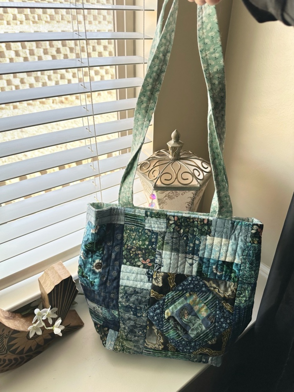 Handmade by me Quilted Patchwork Tote Bag in Teal and Aqua